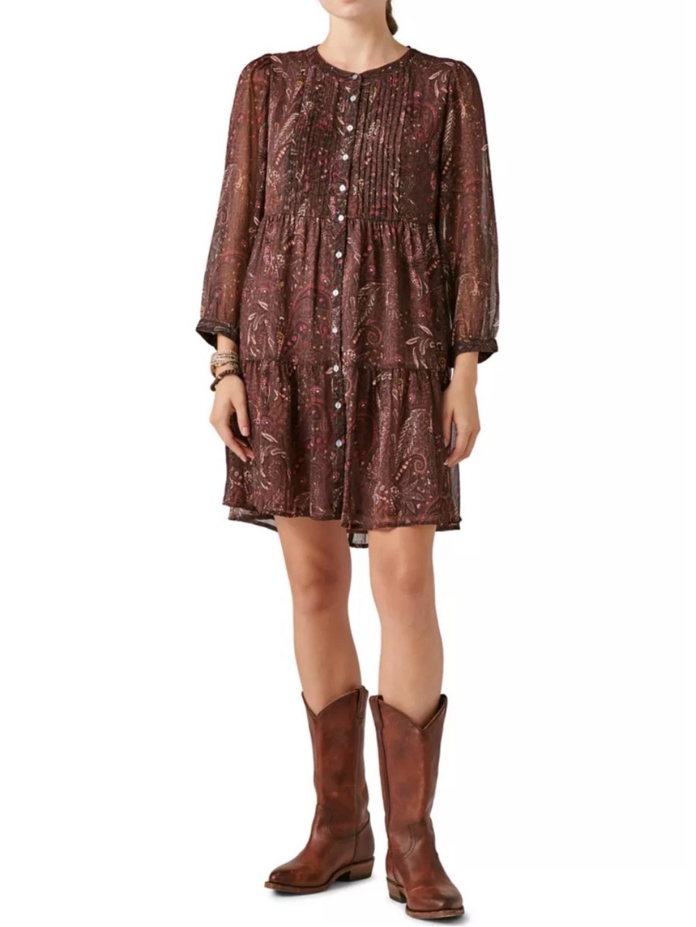 Lucky Brand Long Sleeve Paisley Babydoll Dress